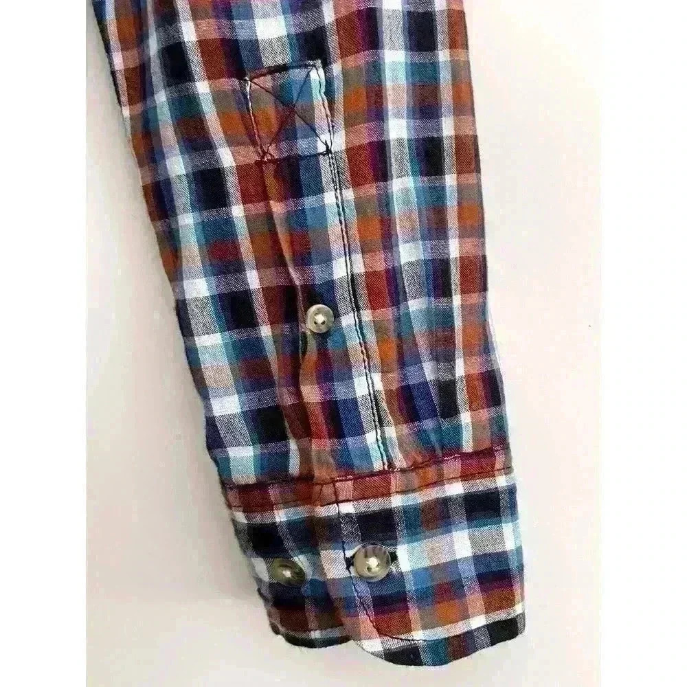 Salt Valley Men's Size LRG Plaid Button Up Shirt Navy Brown Pockets Thin Cotton - Picture 11 of 13